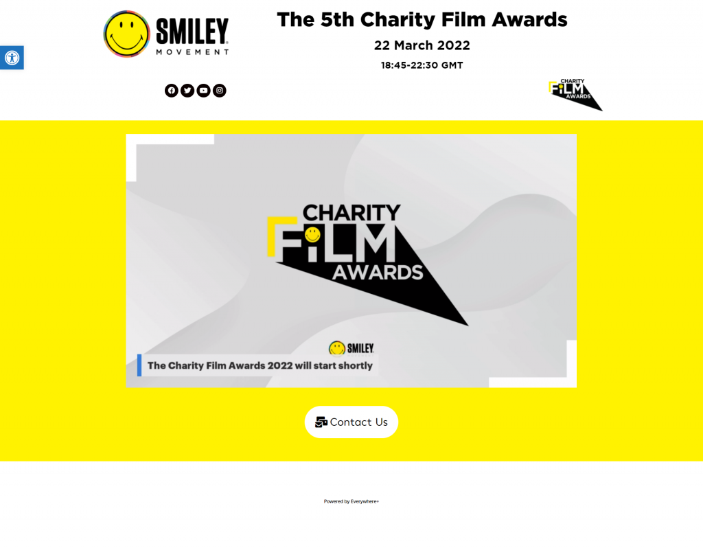 Charity film awards hero image with logo and yellow background - Smiley Movement