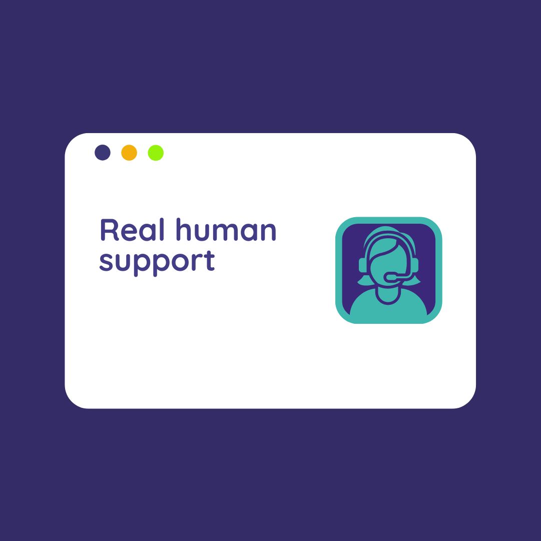 Widget with the words: Real human support. Icon of a person with a headset on.