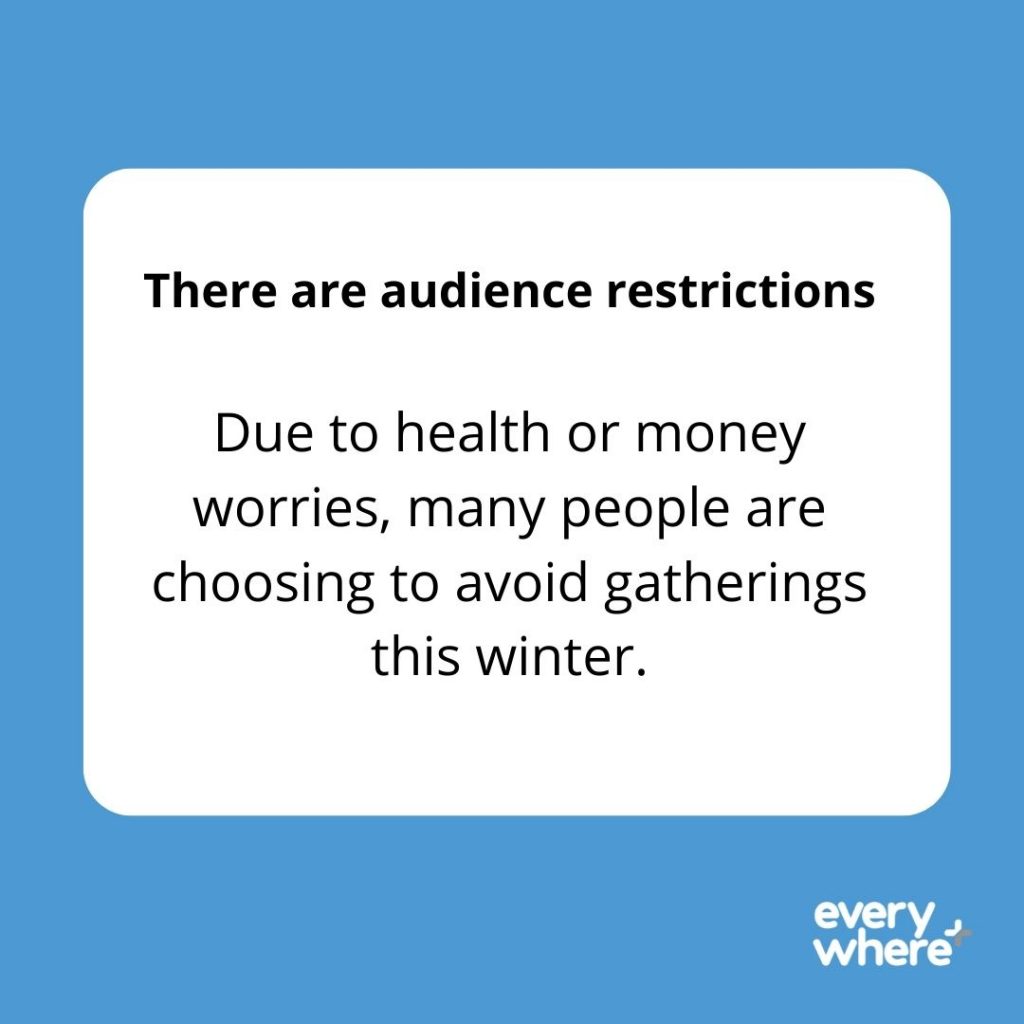 There are audience restrictions. Due to health or money worries, many people are choosing to avoid gatherings this winter.