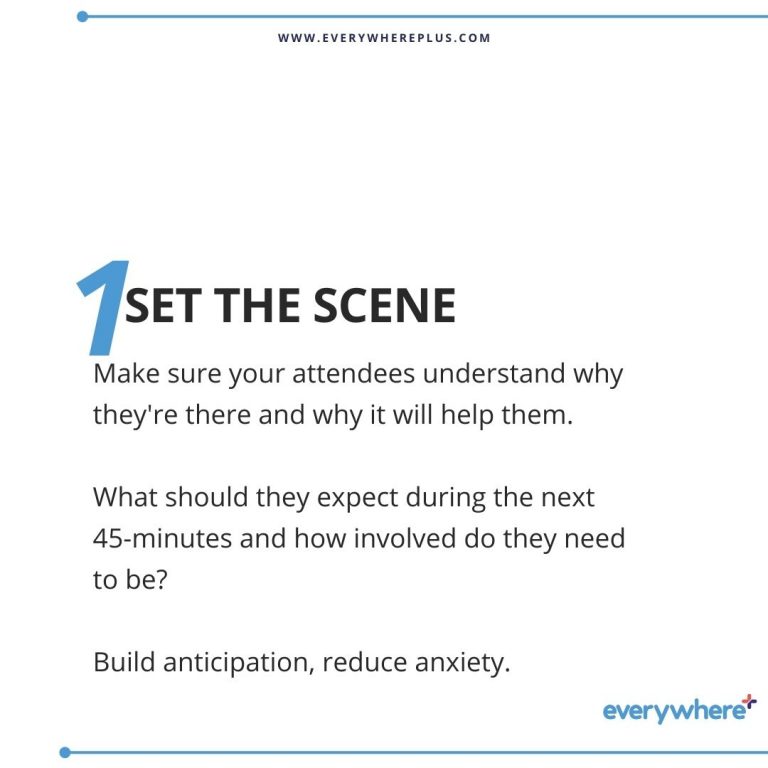 Make sure your attendees understand why they're there and why it will help them. What should they expect during the next 45-minutes and how involved do they need to be? Build anticipation, reduce anxiety.
