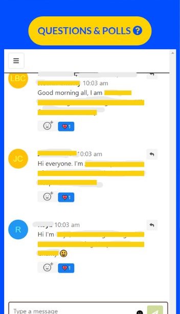 image showcasing the virtual chat from the hybrid event, it also includes a button that states questions & polls