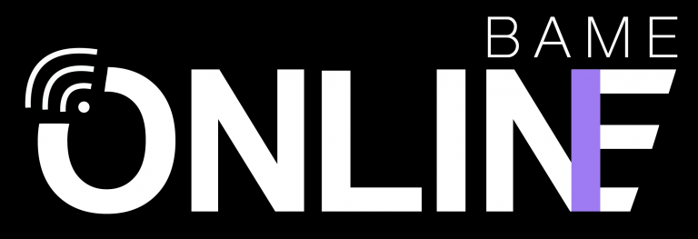 BAME online Logo with white font and black background