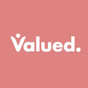 Valued logo Red backdrop with white font