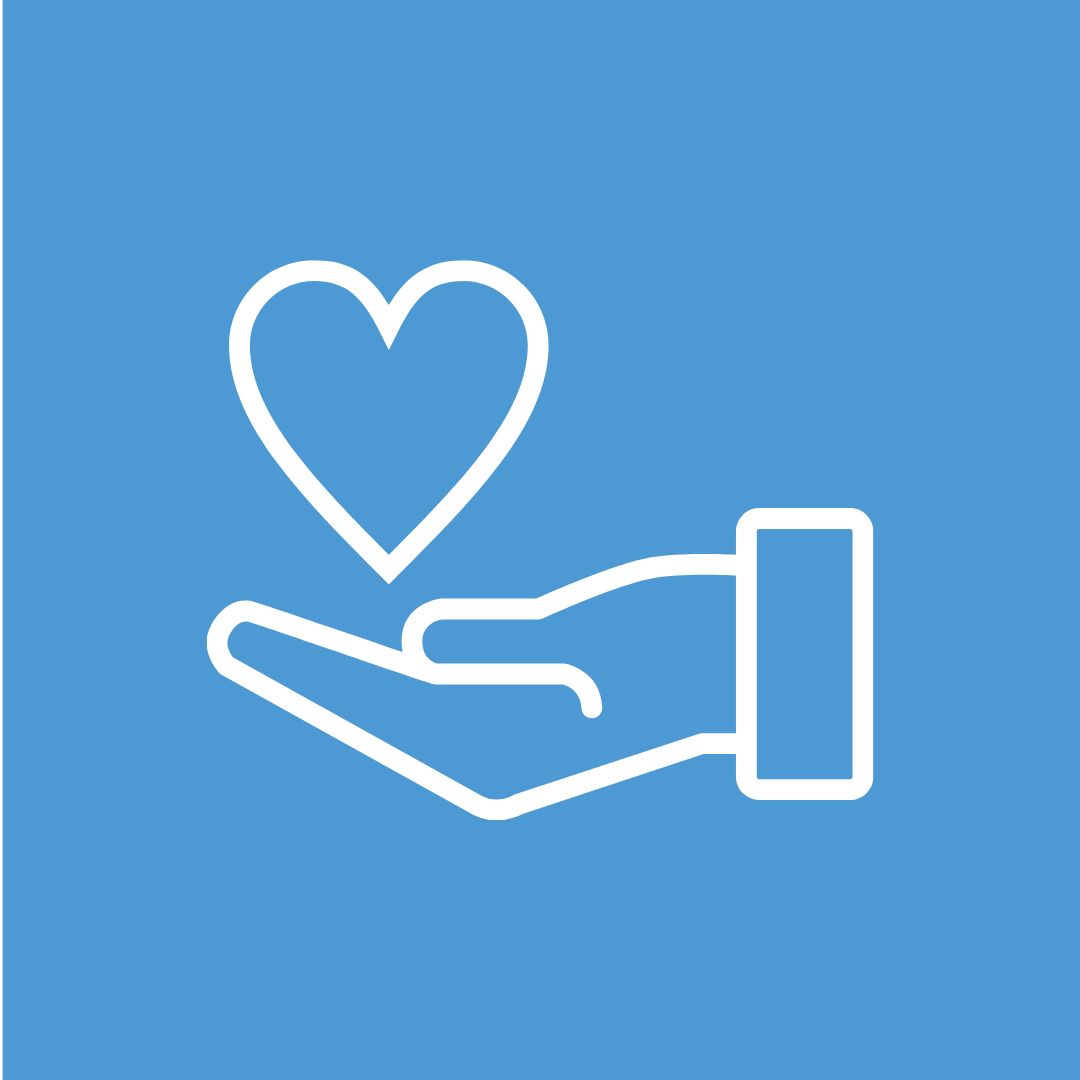 Graphic of a hand outstretched with a love heart floating above. Blue background.