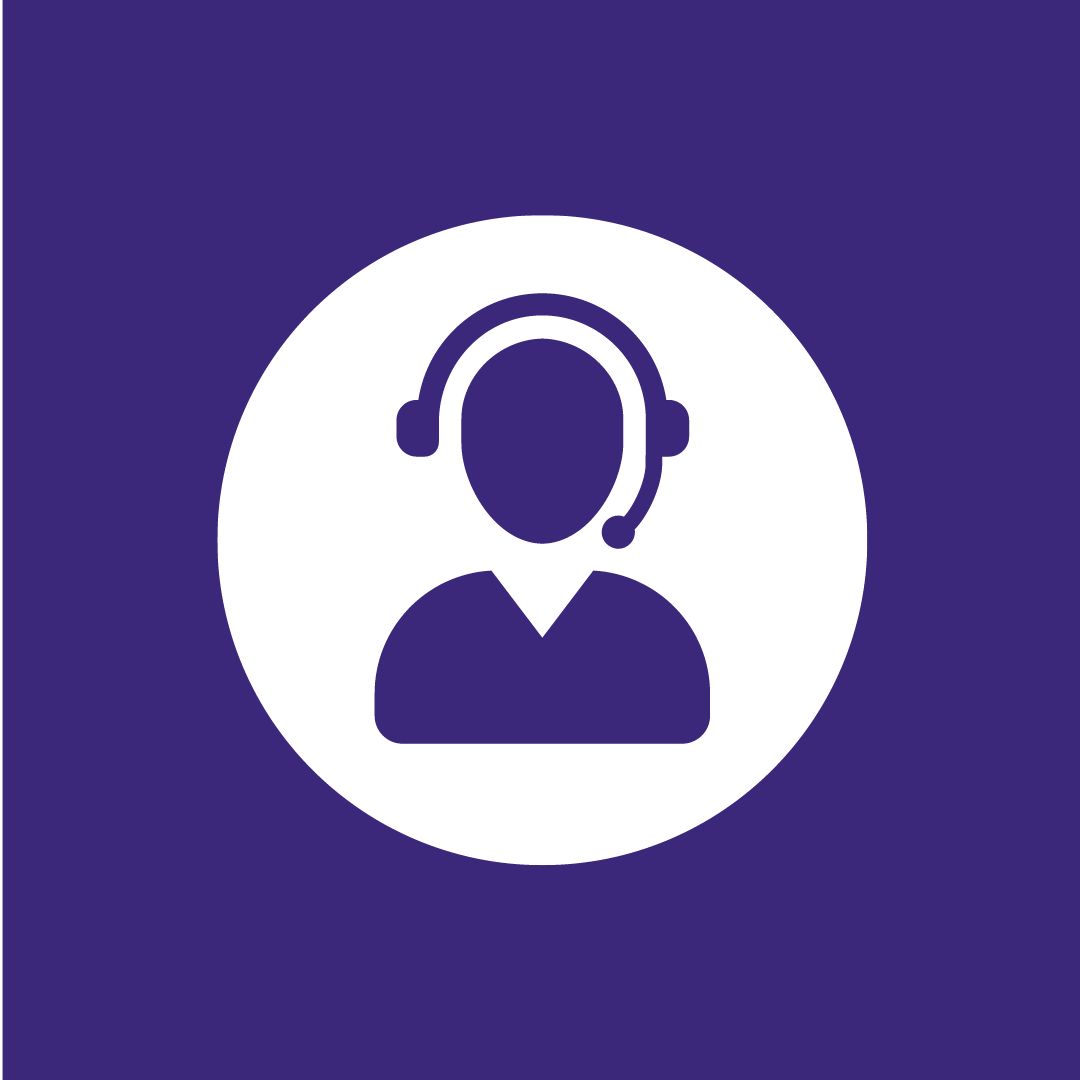 Graphic of person with headset on. Purple background.