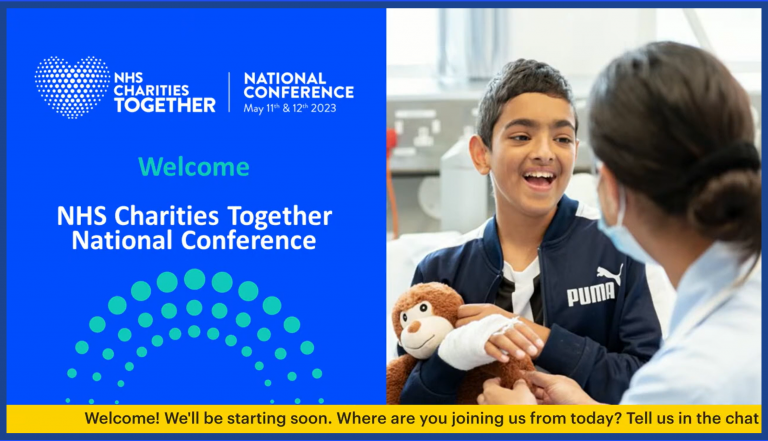 image showcasing the hybrid event welcome slide. The background is blue with white text
